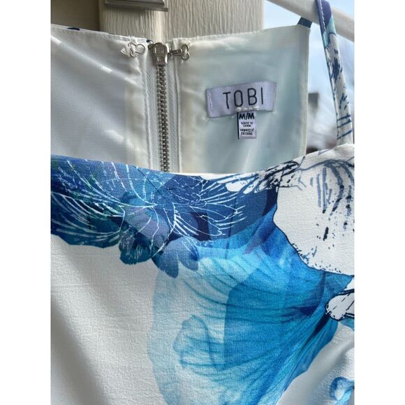 Womens Strappy Summer Dress Blue White Floral Pattern with Tulip skirt - Picture 5 of 8